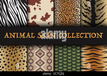 Seamless animal skin patterns set. Safari textile of Giraffe, zebra, leopard, tiger, reptile, cow, snake and jaguar background collection vector illustration Stock Vector