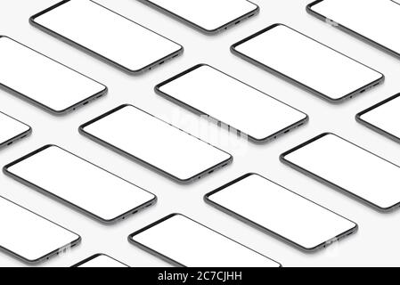 Isometric black realistic smartphones with blank white screens grid. Empty screen phone template for inserting UI interface or business presentation vector illustration Stock Vector