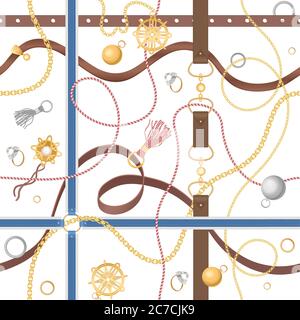 Seamless pattern with chains, rings and jewelry golden accessories vector illustration Stock Vector