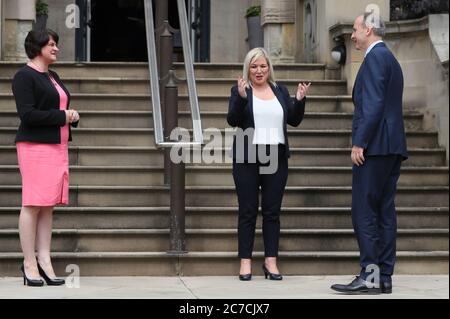 An Taoiseach Micheal Martin meets First Minister Arlene Foster and Deputy First Minister Michelle O'Neill at Stormont Castle in Belfast, Northern Ireland. Stock Photo