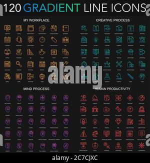 120 trendy gradient style thin line icons set of my workplace, creative process, human productivity, mental mind isolated on black background Stock Vector