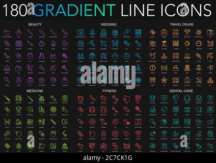 180 trendy gradient style thin line icons set of Beauty, Wedding, Travel cruise, Medicine, Fitness, Dental care isolated on black background Stock Vector