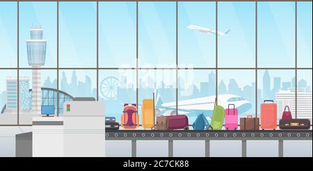 Conveyor belt in modern airport hall. Baggage claim cartoon vector illustration Stock Vector