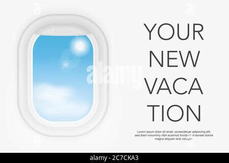 View from airplane. Aircraft flight interior window. Vacation destinations concept. Your new vacation Stock Vector