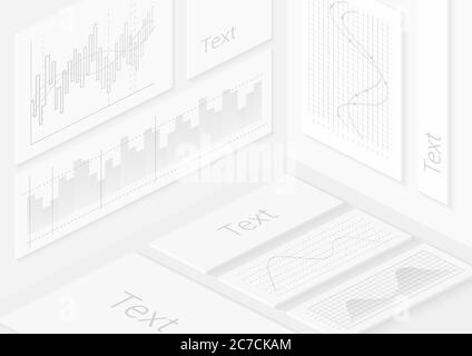 Isometric realistic white wall infographics elements. Vector illustrations of modern grey charts, graph for website, flyer, corporate report, presentation, advertising, marketing Stock Vector