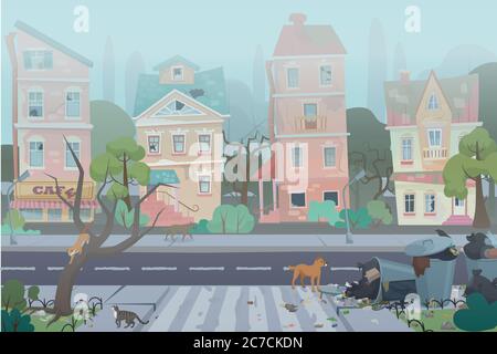 Dirty foggy street with garbage around. Empty city with worn, broken and dirty buildings, waste, full dustbins with cats and dogs. Unfavorable abandoned residential area vector illustration Stock Vector