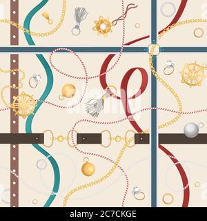 Seamless pattern with belts, golden chain and rings for fabric design vector illustration Stock Vector