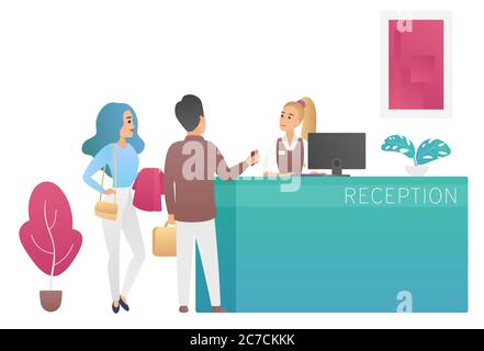 Pair of tourists travellers standing at reception desk and talking to woman receptionist. People guests at hotel lobby cartoon flat vector illustration Stock Vector