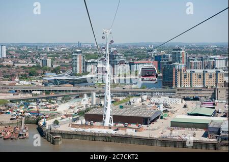 London, UK. 23rd July 2012. The Emirates Air Line cable car, located between Royal Victoria Dock and the North Greenwich Peninsula. Stock Photo