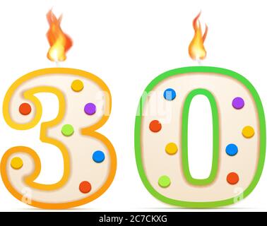 Thirty years anniversary, 30 number shaped birthday candle with fire on white Stock Vector