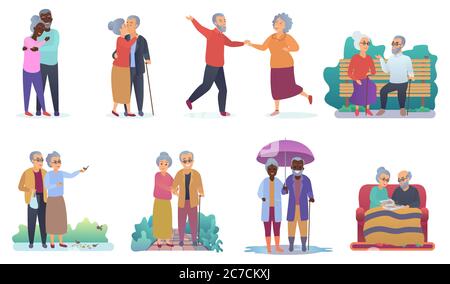 Active lifestyle old grandparents. Elderly people characters. Cartoon seniors family activities isolated vector illustration Stock Vector