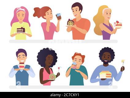 Happy people eating pie and cakes set. Sweet-tooth man and woman cartoon vector illustration Stock Vector