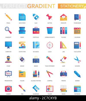 Vector set of trendy flat gradient office stationery icons Stock Vector