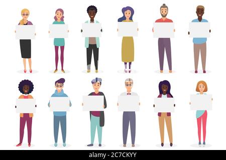 Different positive smiling people are holding placards for text. A sheet of paper in the hands of man and woman set vector illustration Stock Vector