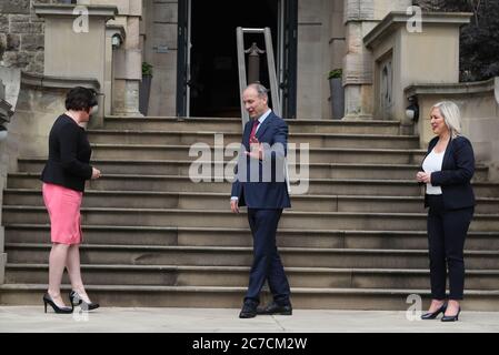 An Taoiseach Micheal Martin meets First Minister Arlene Foster and Deputy First Minister Michelle O'Neill at Stormont Castle in Belfast, Northern Ireland. Stock Photo