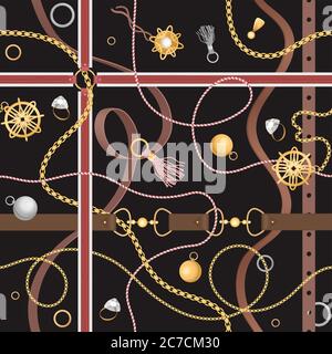 Seamless pattern with luxury fashion belts, chain, rings and cord line background trendy vector illustration Stock Vector