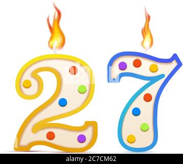 Twenty seven years anniversary, 27 number shaped birthday candle with fire on white Stock Vector