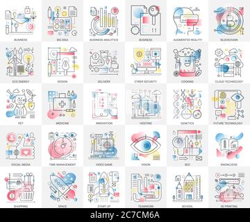 Future technology, business, cyber security, knowledge, online education, management, teamwork, social media, hosting, shopping, cloud data, startup concept complex gradient flat line vector icons Stock Vector