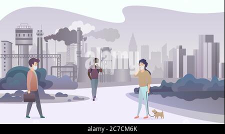 Unhappy sad people wearing protective face masks and walking near depressive factory pipes city with smoke on background. Industrial smog, air pollution and pollutant fog gas vector illustration Stock Vector