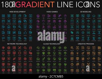 180 trendy gradient style thin line icons set of web development, video games, 3d modeling, network technology, cloud data technology, creative process isolated on black background Stock Vector