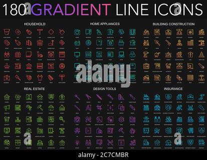 180 trendy gradient style thin line icons set of household, home appliances, building construction, real estate, design tools, insurance isolated on black background Stock Vector