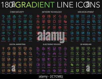 180 trendy gradient style thin line icons set of cyber security, network technology, web development, digital marketing, electronic devices, 3d modeling isolated on black background Stock Vector