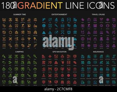 180 trendy gradient style thin line icons set of summer time, entertainment, travel cruise, camping, gps navigation, insurance isolated on black background