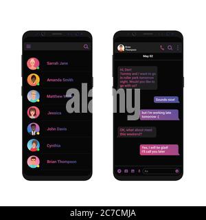 Social network Messenger concept vector illustration. Messenger dark black trendy chat app interface. Clean Mobile UI Design Stock Vector