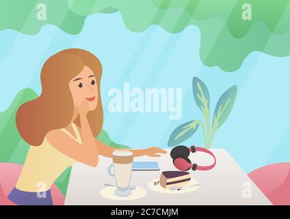 Woman with a cup of coffee and cake dessert. Cartoon cafe interior vector illustration Stock Vector