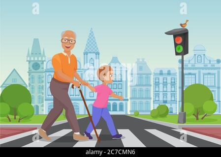 Helping old man. Little boy helps an old man to cross the road in city vector illustration Stock Vector