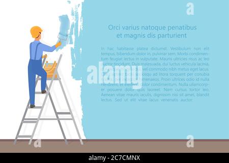 Man decorator painter with a paint roller painting a color wall. Upgrade and repair process concept. Website reconstruction vector illustration Stock Vector