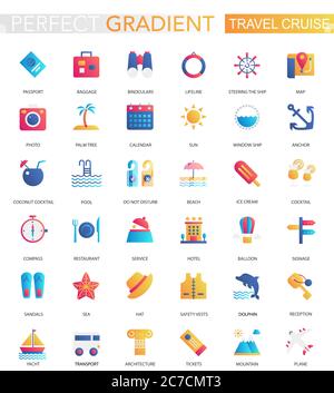 Vector set of trendy flat gradient Travel, journey, vacation, cruise icons Stock Vector