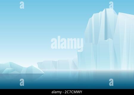 Realistic soft fog arctic iceberg ice mountains with blue sea, winter landscape. Vector nature background illustration Stock Vector