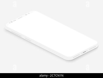 Isometric white vector smartphone. 3d realistic empty screen phone template for inserting any UI interface, test or business presentation. Perspective view floating soft mock up design Stock Vector