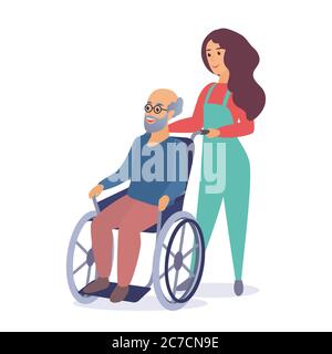 Young woman social worker strolling with old senior man in wheelchair cartoon vector illustration Stock Vector