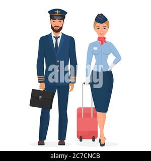 Pilot and stewardess in uniform isolated flat vector illustration Stock Vector