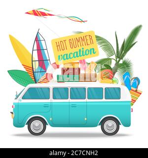 Summer travel vector illustration with vintage bus. Beach concept logo. Summer tourism, travel, trip and surfer Stock Vector