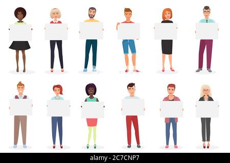 Happy smiling young men and women people holding clean empty placards, cards, posters, boards vector illustration Stock Vector