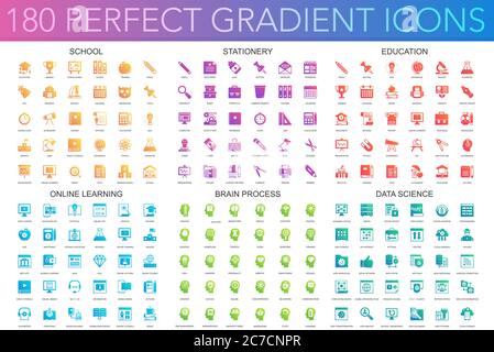 180 trendy perfect gradient icons set of school, stationery, education, online learning, brain process, data science icons Stock Vector