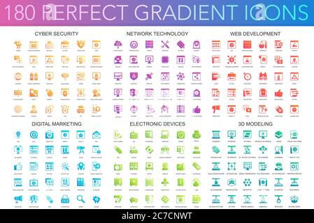 180 trendy perfect gradient icons set of cyber security, network technology, web development, digital marketing, electronic devices, 3d modeling Stock Vector