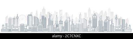 Flat line Urban Cityscape panorama. Real Estate and city construction outline header concept with modern skyscrapers vector Illustration Stock Vector
