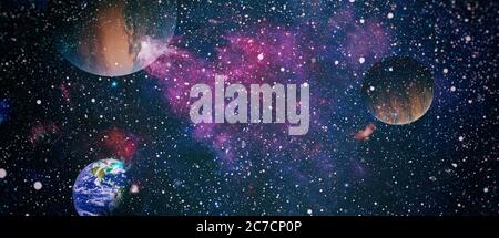 Earth and galaxies in space. Science fiction art. Elements of this image furnished by NASA. Stock Photo