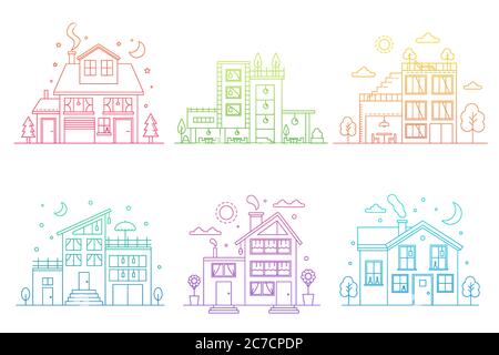 Set of gradient line urban and suburban houses isolated outline vector illustration Stock Vector