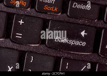 A computer keyboard. Focus on Backspace button. Black background Stock Photo