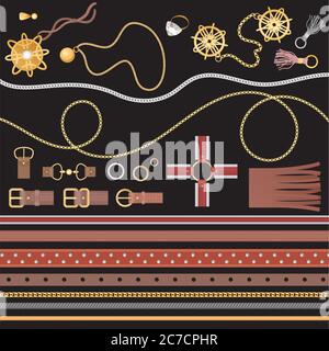 Chain and belt elements collection, braid for fabric design set vector illustration Stock Vector