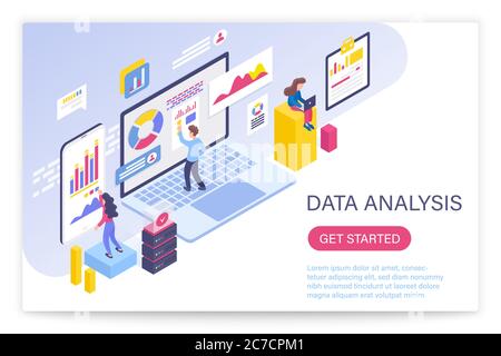 Data analysis process, big data concept 3d isometric vector illustration. People interacting with virtual screen charts and analyzing statistics Stock Vector