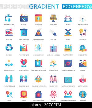Vector set of trendy flat gradient renewable energy, green technology icons Stock Vector