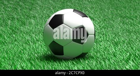 Soccer ball, football. White and black ball close up view, green grass field background. 3d illustration Stock Photo