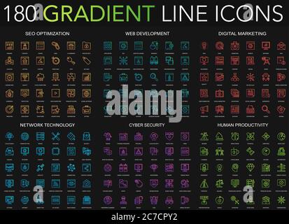 180 trendy gradient style thin line icons set of seo optimization, web development, digital marketing, network technology, cyber security, human productivity isolated on black background Stock Vector