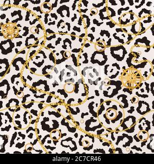 Golden Chains on Leopard animal skin background seamless pattern vector illustration Stock Vector